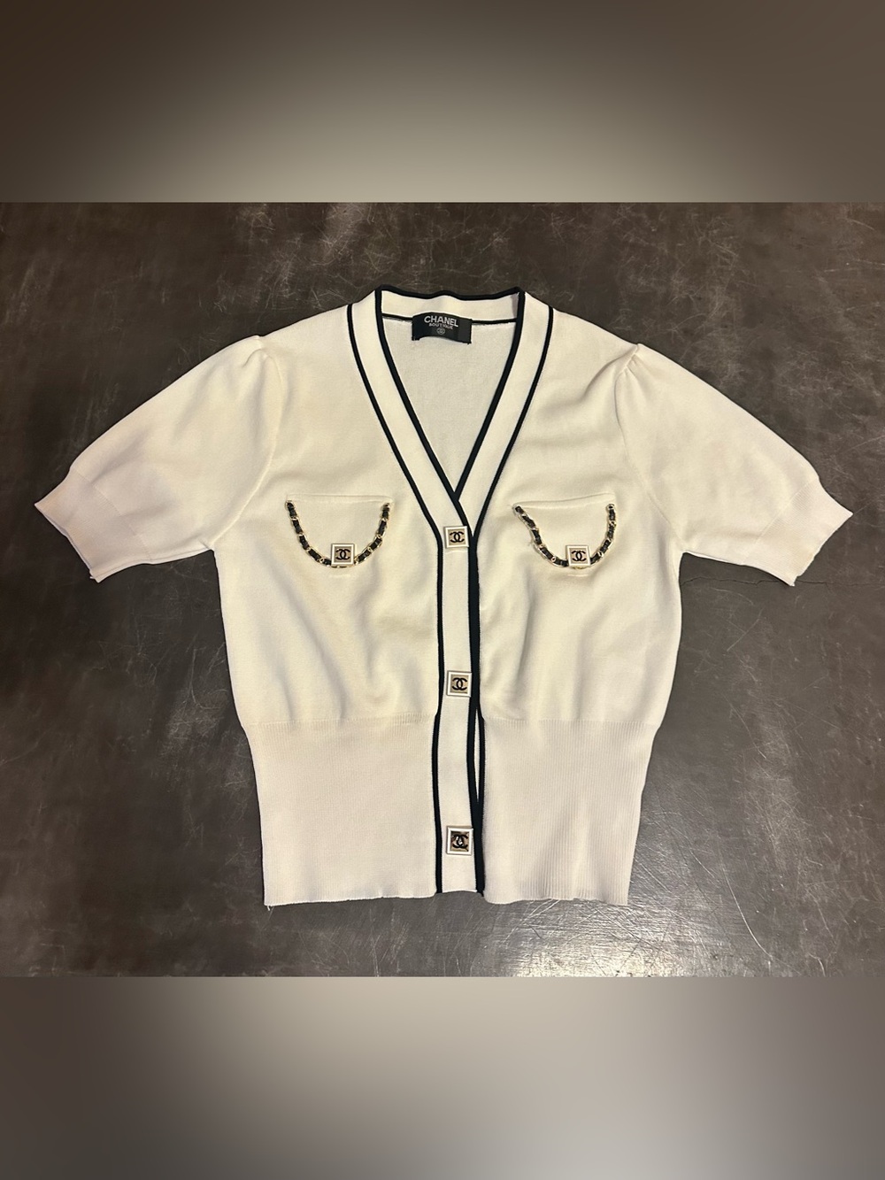 CC Ivory Cardigan with Black Trim and Gold Buttons